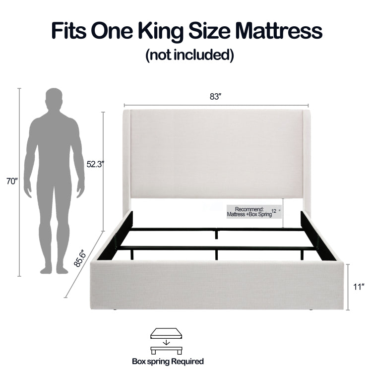 Caron Upholstered Wingback Bed 52.3" High Headboard Simplicity Minimalist Without Wooden Slats Box Spring Request Easy Assembly King Textured Ivory Canvas Chenille