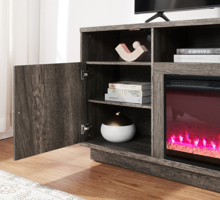 Ambrogio 70"W Gray Walnut Finish Fireplace Tv Stand Console With Heater, Led Light, Cabinets, Shelves