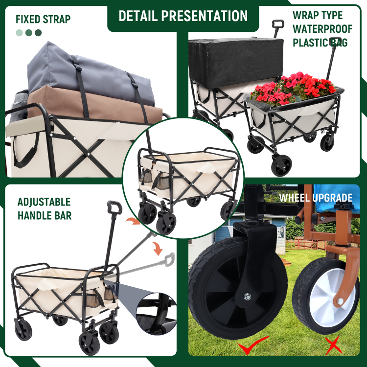 Minimeetall Multi Use Bag,Collapsible Foldable Wagon Cart Beach Wagon Heavy Duty Utility Cart Utility Wagon Grocery Cart For For Camping 3Pcs Plastic Liner Bag Cover , Cream