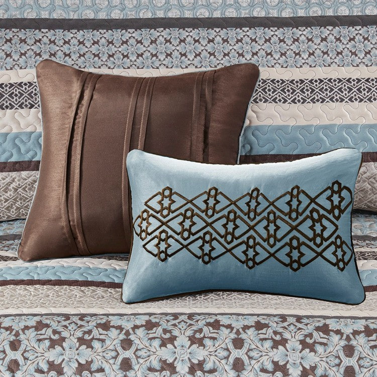 5 Piece Jacquard Quilt Set With Throw Pillows Blue Full Queen