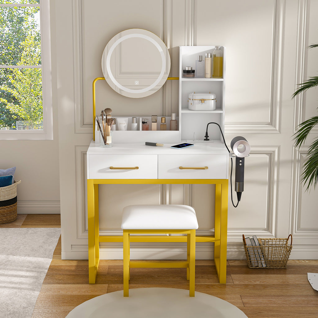 Makeup Vanity With Led Lights&3 Color And Power Outlet Makeup Vanity Table With 2 Big Drawers With Sturdy Metal Leg And Metal Chair Dressing Table For Bedroom Dressing Room White
