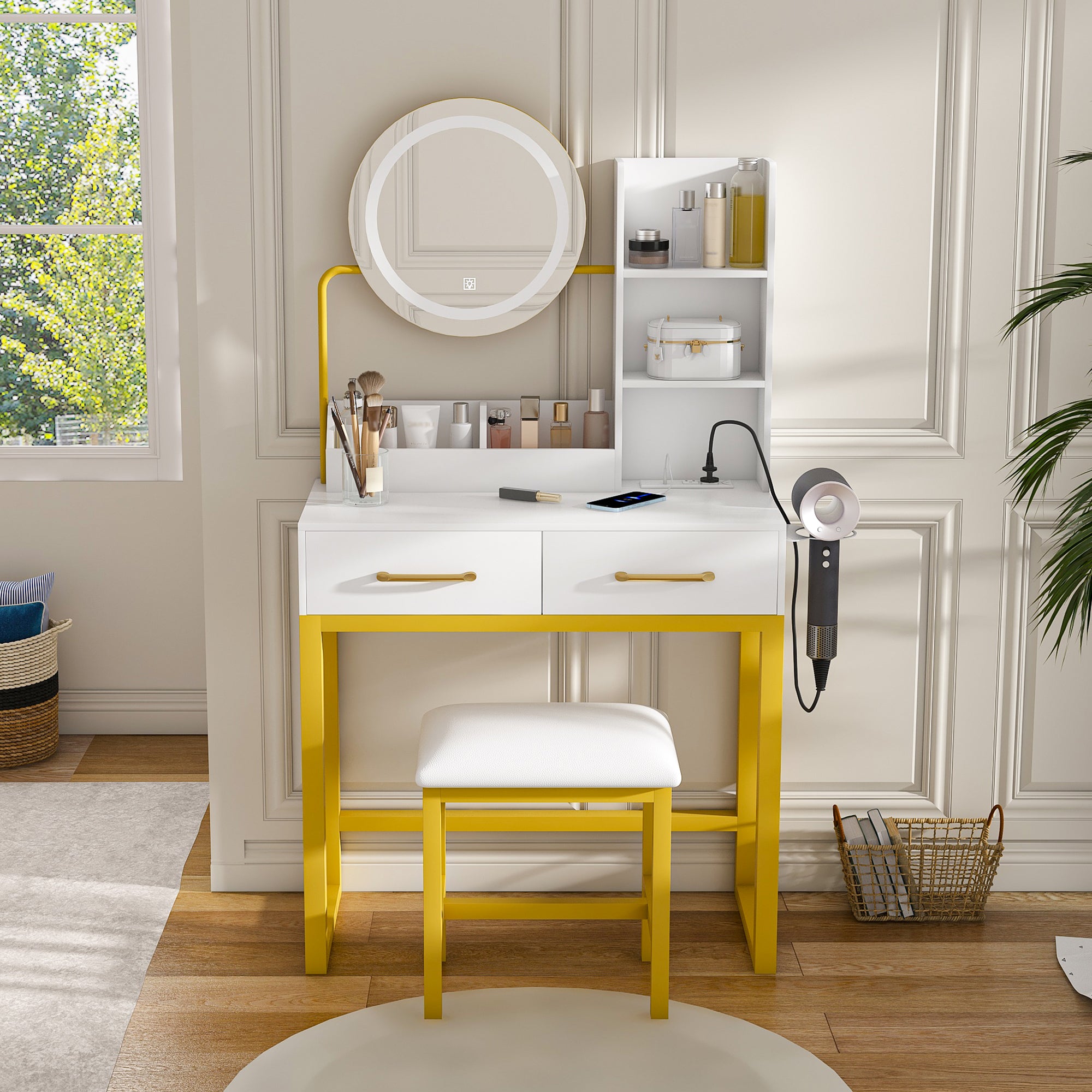 Makeup Vanity With Led Lights&3 Color And Power Outlet Makeup Vanity Table With 2 Big Drawers With Sturdy Metal Leg And Metal Chair Dressing Table For Bedroom Dressing Room White
