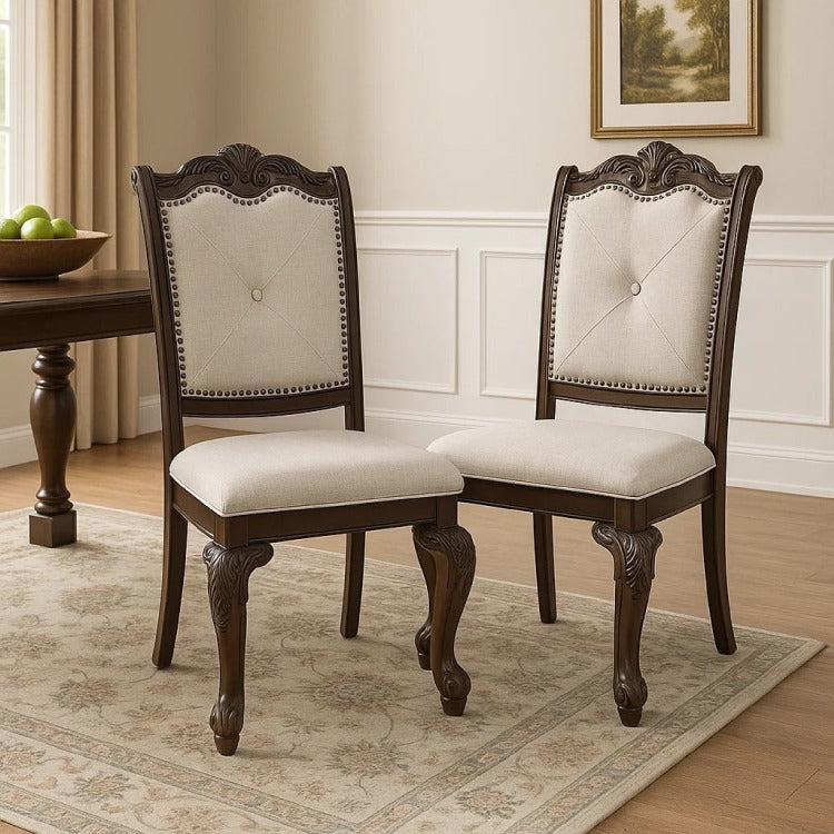 Cary Side Dining Chair Set Of 2, Beige Linen, Scrolled Coffee Brown Wood