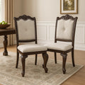 Cary Side Dining Chair Set Of 2, Beige Linen, Scrolled Coffee Brown Wood