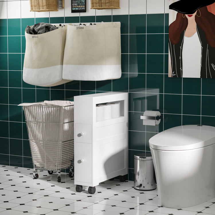 Homcom 6.25" X 20.5" X 28.25" Wood Rolling Narrow Bathroom Side Storage Cabinet White