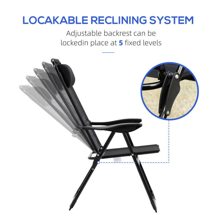 Outsunny Folding Patio Chairs Set Of 2, Outdoor Deck Chair With Adjustable Sling Back, Camping Chair With Removable Headrest For Garden, Backyard, Lawn, Black