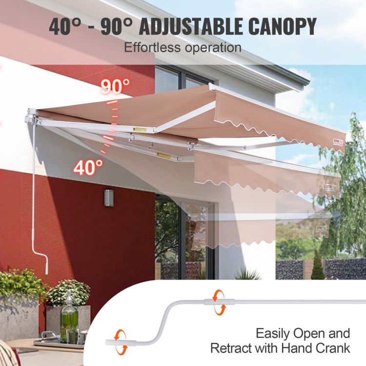 Manual Retractable Awning, 12 X 10 Ft Outdoor Patio Awning Retractable Sun Shade, Water Resistant Polyester Patio Door Window Awning Sunshade Shelter With Crank Handle For Backyard, Balcony