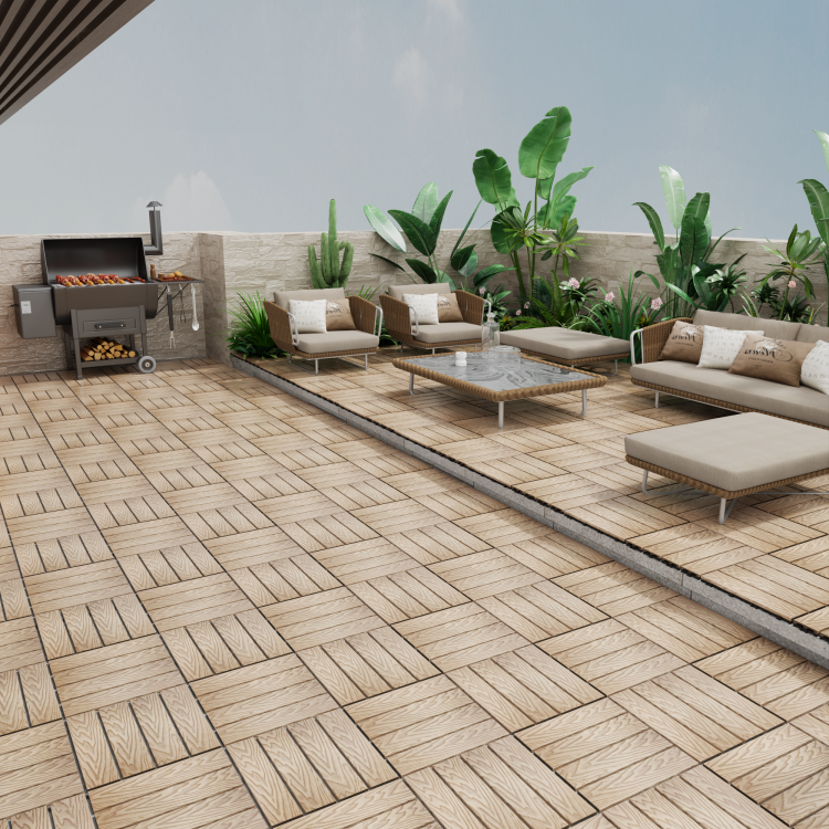 Patio Floor Tiles Pack Of 11 Wpc Wood Plastic Composite Patio Deck Tiles Diy Interlocking Decking Tiles, Quick Deck Floor Tile, Court Tile, Water Resistant Indoor Outdoor 11.8" 3D Teak