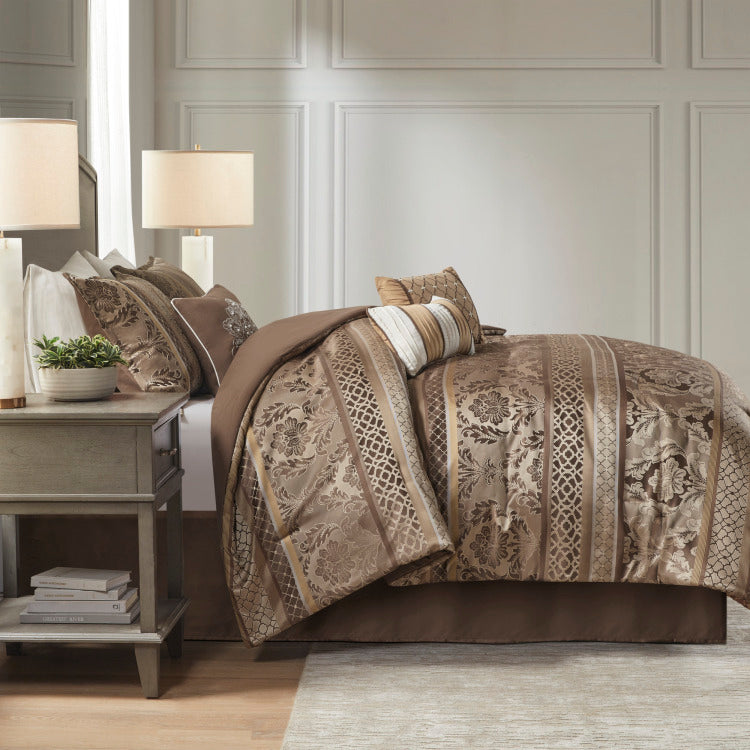 7 Piece Jacquard Comforter Set Brown Gold Queen