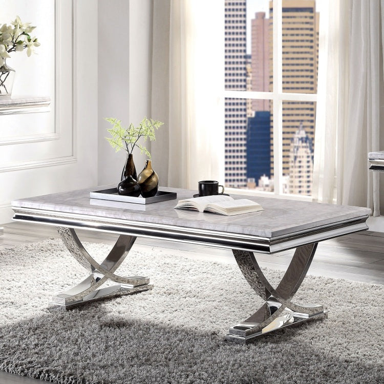Modern Glam Style Coffee Table With 18Mm Faux Marble On Top Pedestal Base Metal Structure Stainless Steel Chrome Finish