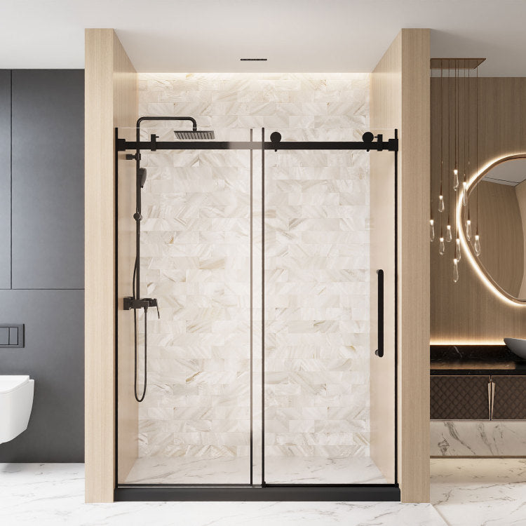 Frameless Single Sliding Shower Door 56 60 "W X 76" H, 1 4 " 6 Mm Clear Tempered Glass, Explosion Proof Film, Stainless Steel Handle Square Tube Track ,Matte Black