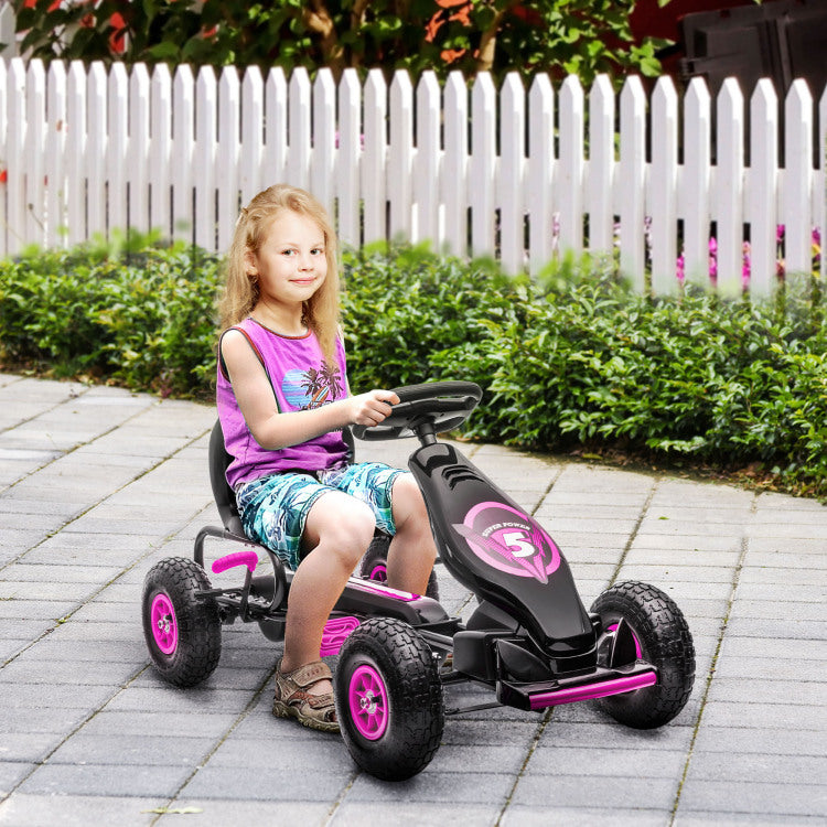 Aosom Kids Pedal Go Kart Ride On Toy With Ergonomic Comfort, Pedal Car With Tough, Wear Resistant Tread, Go Cart Kids Car For Boys & Girls With Suspension System, Safety Hand Brake, Ages 5 12, Pink