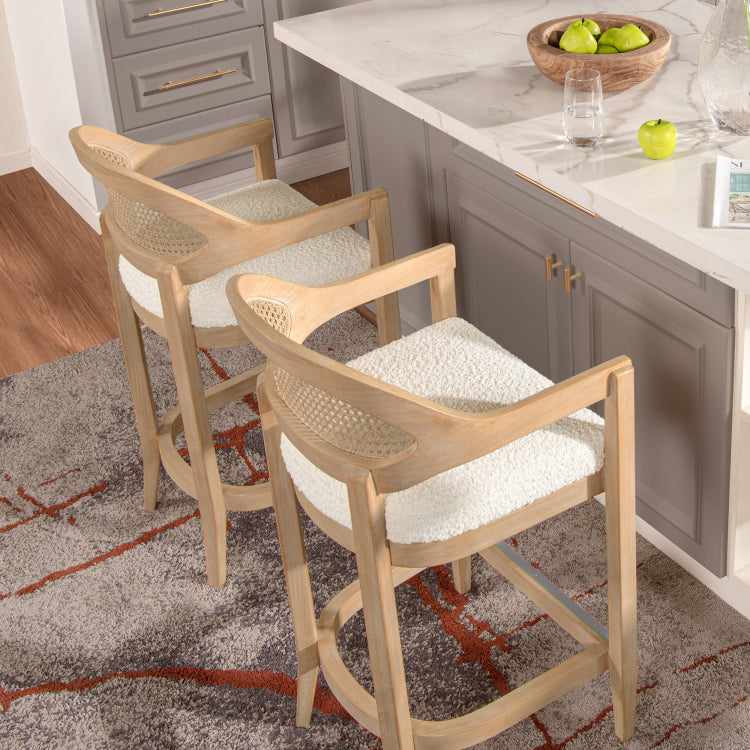Americana Mid Century Modern 26" Cane Back Counter Stool, Ivory White Boucle