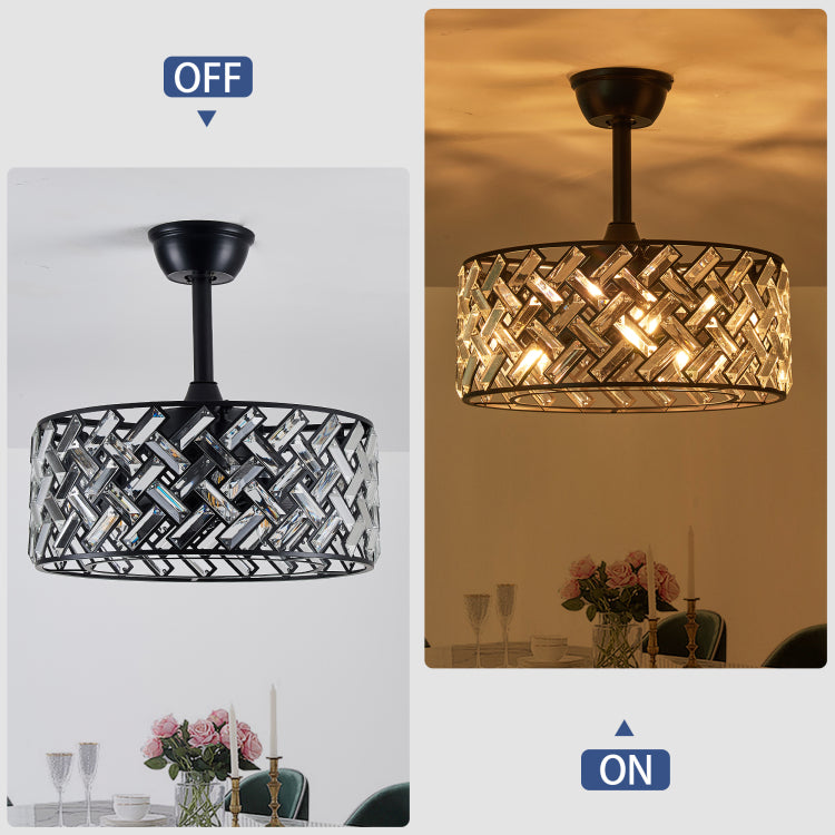 18'' Crystal Cage With Remote Control ,Quiet Motor Fan Light , Indoor Crystal Chandelier For Bedroom, Living Room, Dinning Room, Kids Room Matte Black Bulbs Not Included