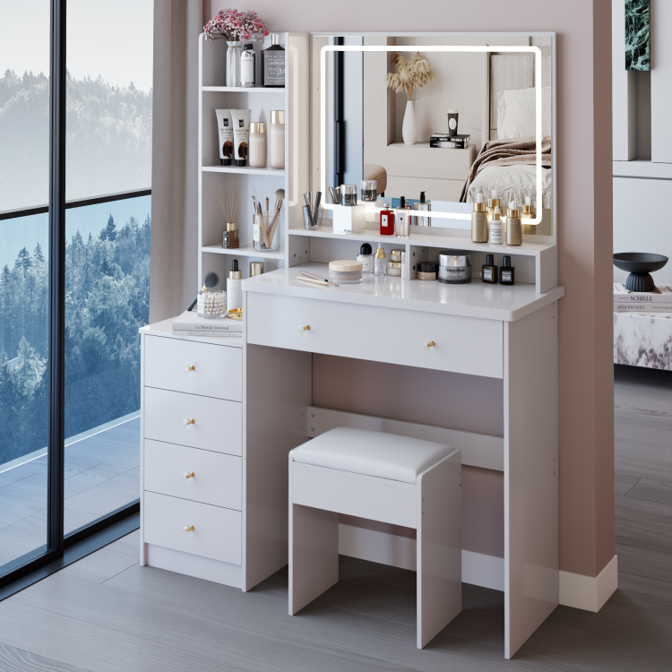 41" Large Sized Bedside Cabinet Vanity Table Cushioned Stool, Extra Large Touch Control Led Mirror, 3 Color Switch, Multi Layer High Capacity Storage Fashionable Dresser, Epa, Gcc, Ul Certificate