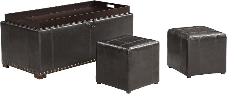 Leather Storage Bench With 2 Side Ottomans, Black