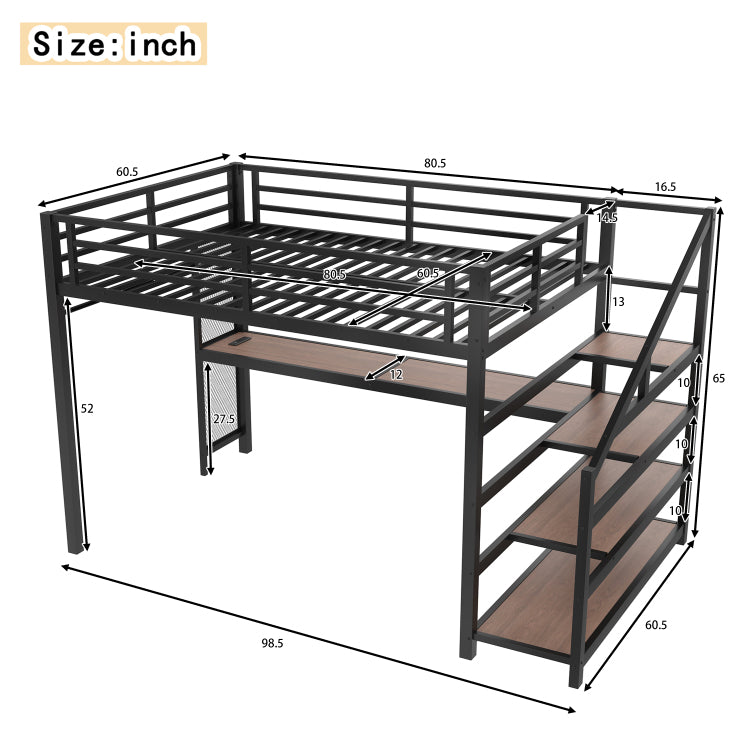 Queen Loft Bed With Desk And Storage Stairs, Metal Loft Beds With Led Lights, Usb Ports, Multifunctional Iron Nets, No Spring Box Needed And Noise Free, Black
