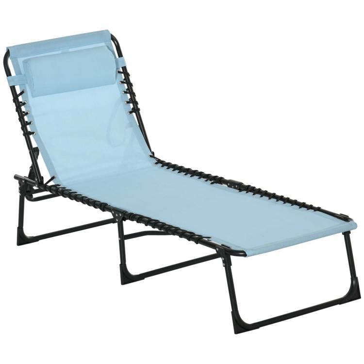 Outsunny Folding Chaise Lounge Pool Chair, Patio Sun Tanning Chair, Outdoor Lounge Chair W 4 Position Reclining Back, Pillow, Mesh & Bungee Seat For Beach, Yard, Patio, Baby Blue
