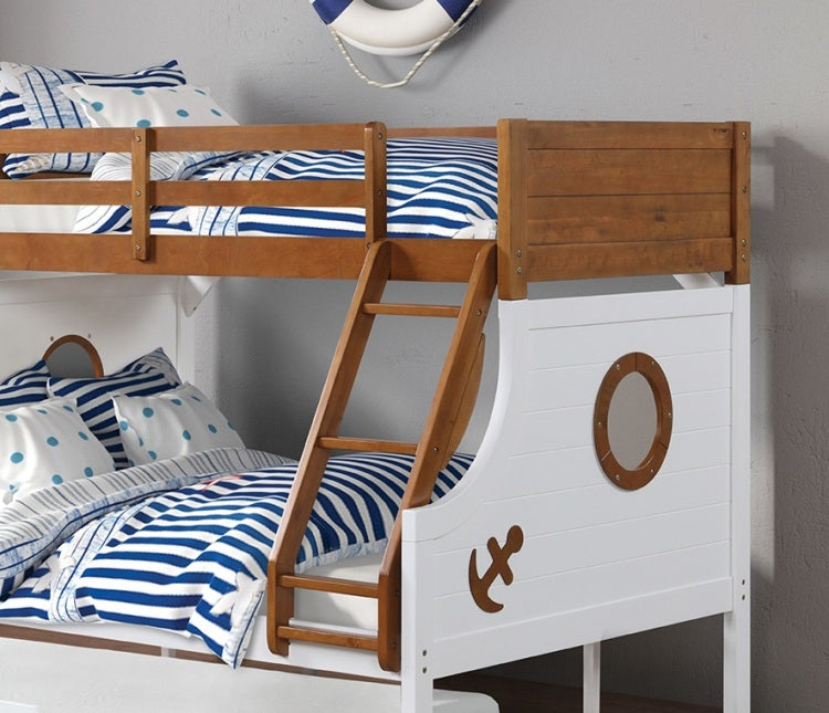 Modern Novelty Style Twin Over Full Bunk Bed With Attached Angled Ladder Rails And Lock Joint Structure For Safety Oak Finish Upper Bed White Finish Lower Bed