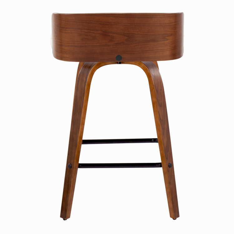 26" Mid Century Modern Fixed Height Counter Stool With Swivel In Walnut Wood And Charcoal Fabric With Square Black Metal Footrest Set Of 2