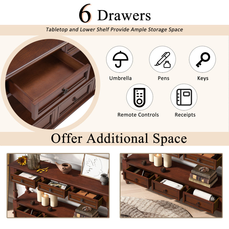 Solid Wood Console Table With 6 Drawers And Shelf, Vintage 54'' 2 Tier Wood Couch Foyer Table For Living Room, Hallway, Entrance Cherry