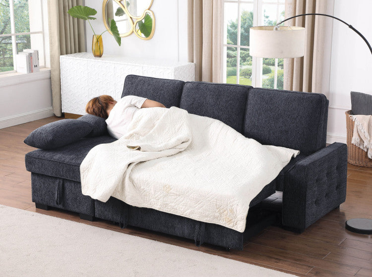 Marcello 91"W Charcoal Chenille Fabric Reversible Sleeper Sectional With Storage Chaise, Drop Down Table, Cup Holders And Charging Ports