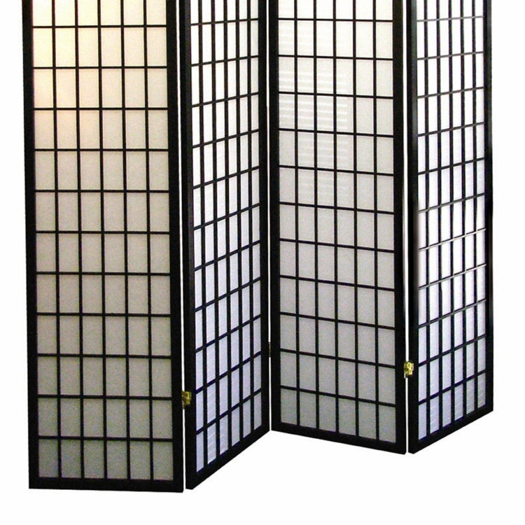 70" Tall 4 Panel Screen Room Divider, Japanese Style With Black Finish