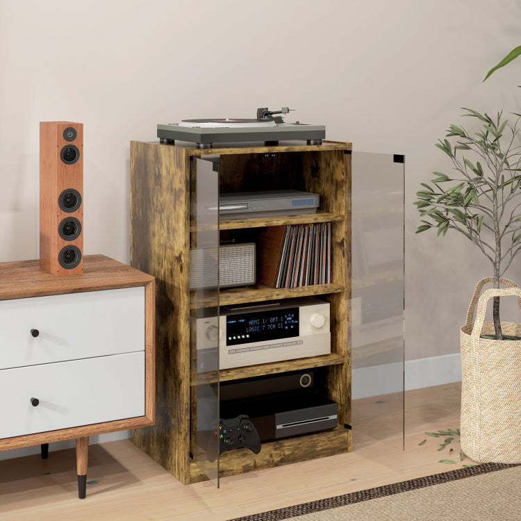 Homcom Media Cabinet, 4 Tier Stereo Cabinet, Modern Audio Video Media Stand With Adjustable Shelves, Tempered Glass Doors, And Cable Management, Rustic Brown
