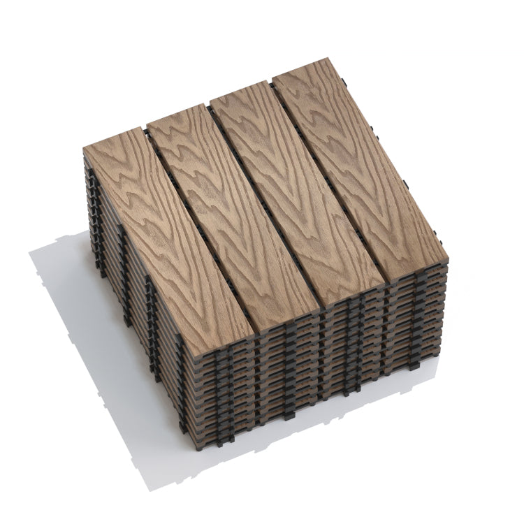 Patio Floor Tiles Pack Of 11 Wpc Wood Plastic Composite Patio Deck Tiles Diy Interlocking Decking Tiles, Quick Deck Floor Tile, Court Tile, Water Resistant Indoor Outdoor 11.8" 3D Teak