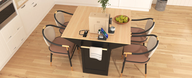 K&K 55.7'' Large Kitchen Island With 2 Drop Leaf, Rolling Kitchen Cart On 5 Wheels With Power Outlet, Folding Storage Dining Table With Spice & Towel Rack , 3 Drawers, For Kitchen, Dining Room,Black
