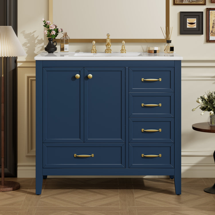 36" Bathroom Vanity With Sink, Bathroom Cabinet With Soft Closing Door, 4 Drawers Of Different Sizes, Solid Wood Frame And Leg, One Package, Blue