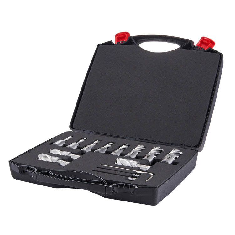 Annular Cutter Set, 13 Pcs Weldon Shank Mag Drill Bits, 7 16" To 1 1 16" Cutting Diameter, 1" Cutting Depth, M2Al Hss, 2 Pilot Pins, Hex Wrench And Portable Case, For Using With Magnetic Drills