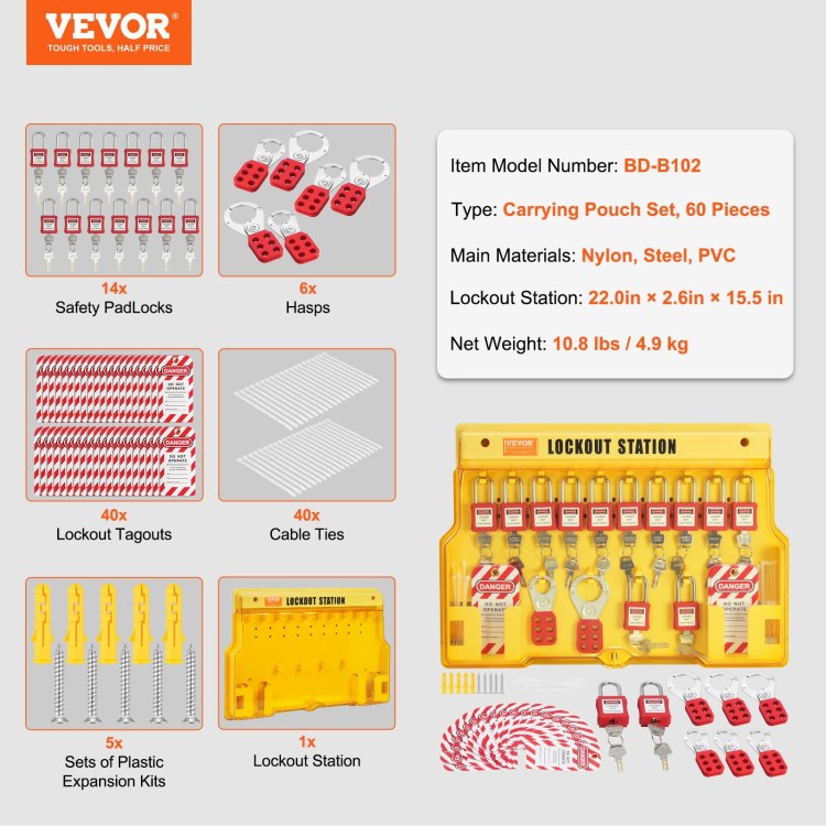 Electrical Lockout Tagout Kit, 60 Pcs Safety Lockout Tagout Station Includes Padlocks, Hasps, Tags, Nylon Ties, Expansion Kit, And Lockout Station Board, For Industrial, Electric Power