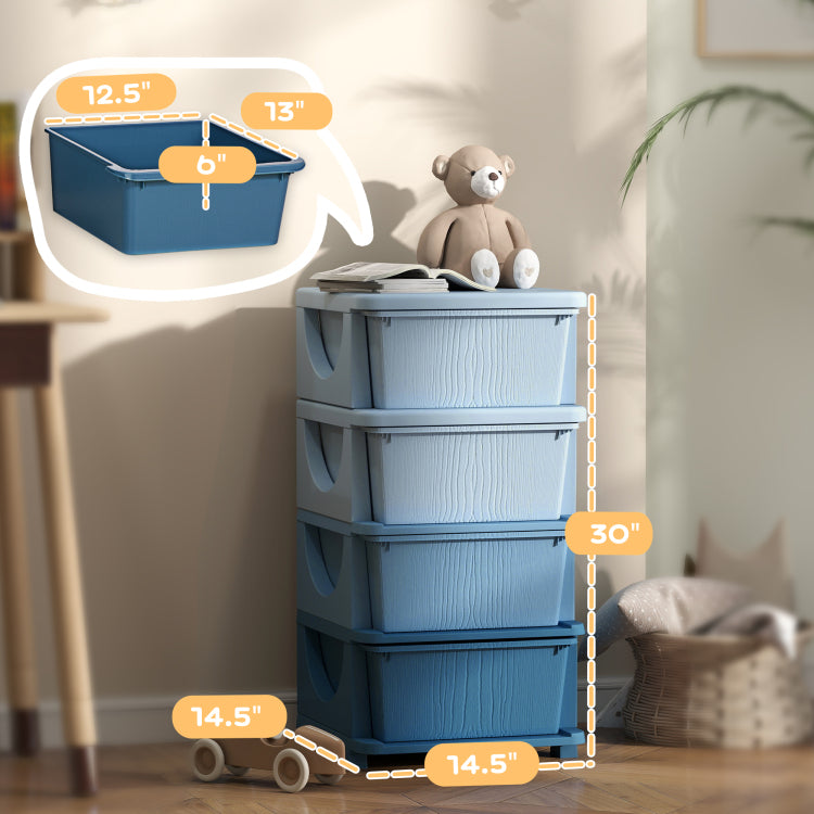 Qaba 4 Tier Kids Storage Unit, 4 Drawer Chest Toy Organizer Plastic Bins For Kids Bedroom Nursery Kindergarten Living Room For Boys Girls Toddlers, Blue