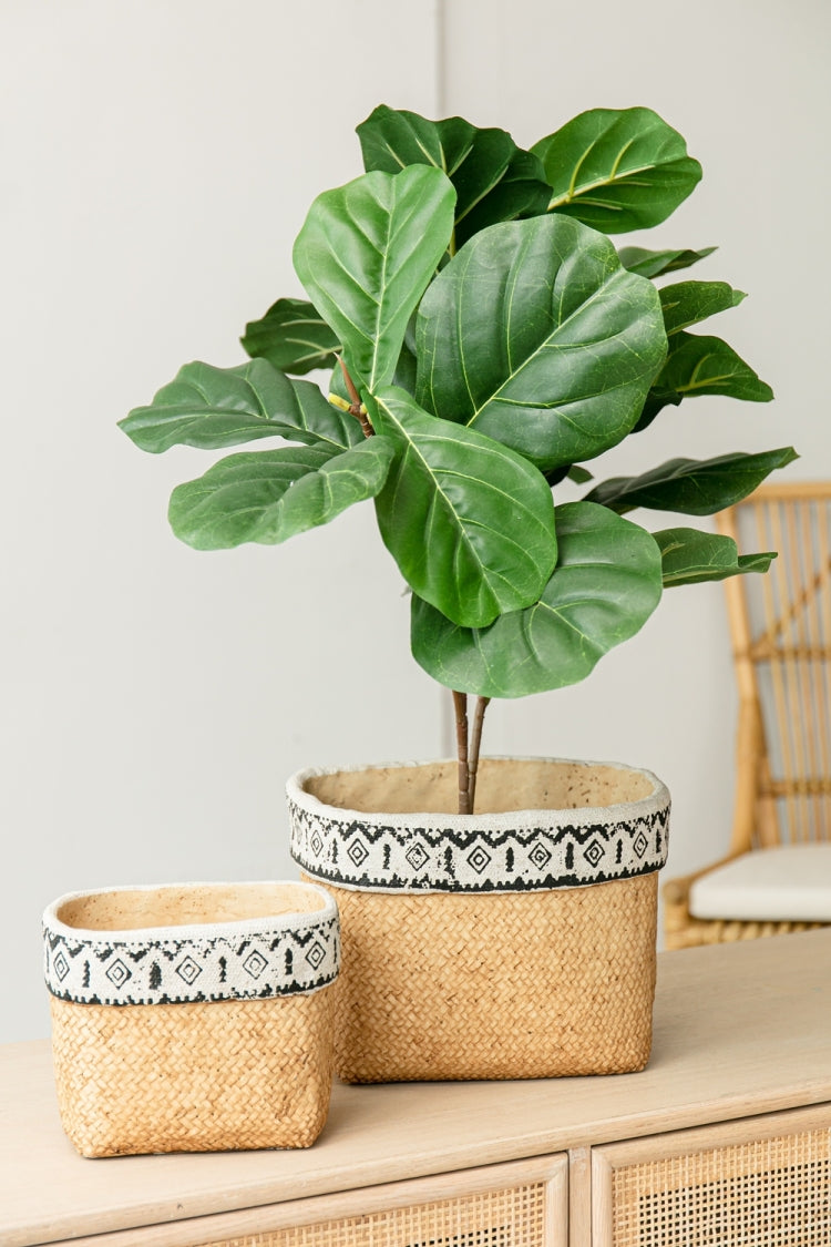 Set Of 2 Rectangular Basket Planters With Geometric Trim, L:10.5X8.5X8" S:7.5X5.5X6.5"