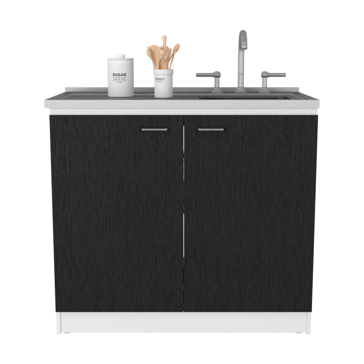 Freestanding Sink, Double Door Cabinet, Two Shelves, White Black