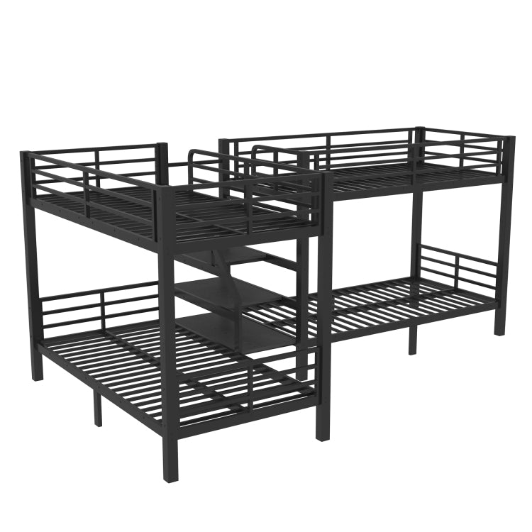Twin L Shaped Metal Bunk Bed With Storage Shelves And High Quality Safety Guardrail,Space Saving,Black