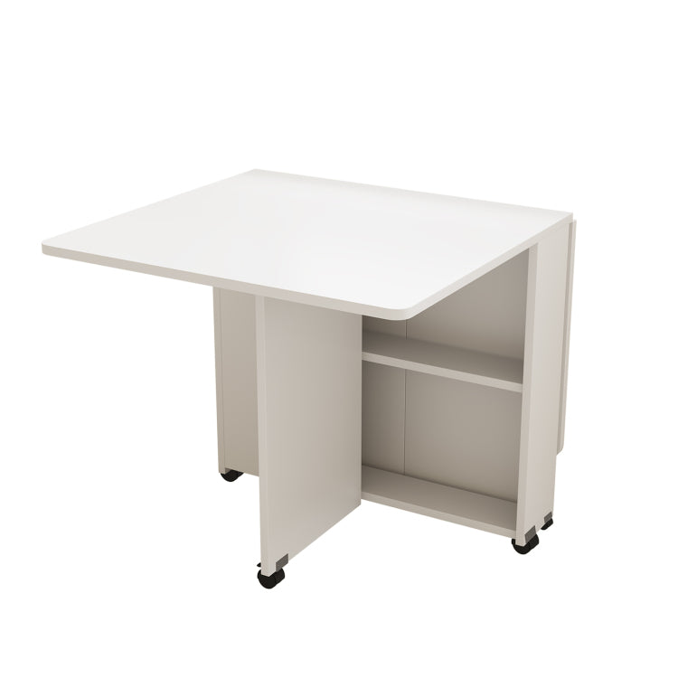 Folding Drop Leaf Dining Table With 6 Wheels And 2 Layer Storage Shelf, Space Saving Table For Small Spaces, 47.2 Inch D X 23.6 Inch W X 30.3 Inch H, White