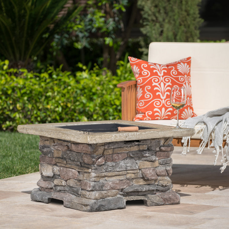 28" Mgo Wood Burning Outdoor Fire Pit With Lid Natural Stone