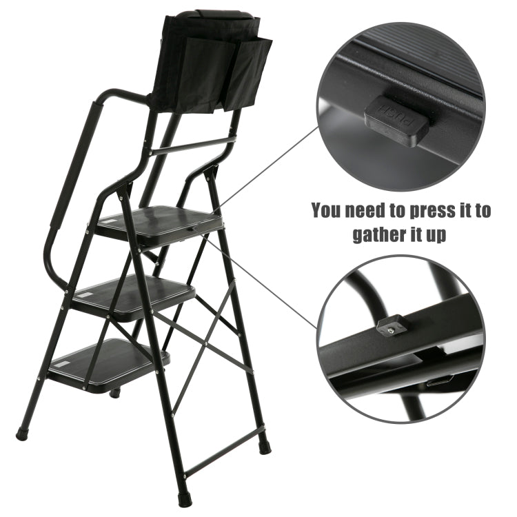 3 Step Ladder With Handrails 500 Lb Capacity Step Stool Folding Ladders For Home Kitchen Steel Frame With Safety Side Handrails Non Slip Wide Pedal Stepladder With Attachable Tool Bag Black
