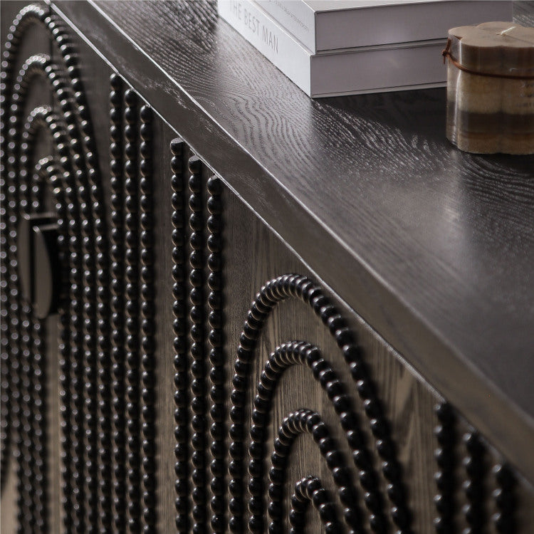 Modern Black Sideboard Cabinet With Decorative Nailhead Accents, Stylish Storage Solution For Dining & Living Rooms