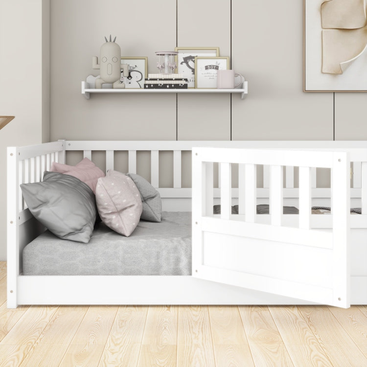 Twin Size Floor Bed, Integral Construction With Super High Security Barrier, Door, Children'S Floor Bed Frame, Montessori Wooden Children'S Floor Bed, White Patented Model