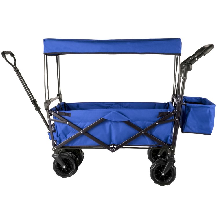 Extra Large Collapsible Garden Cart With Removable Canopy, Folding Wagon Utility Carts With Wheels And Rear Storage, Wagon Cart For Garden, Camping, Grocery Cart, Shopping Cart, Blue