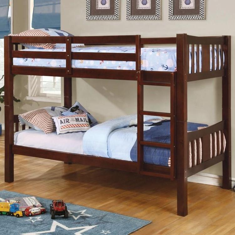 Twin Over Twin Transitional Style Bunk Bed Dark Walnut Finish Attached Ladder Rails And Lock Joint Structure Trundle Not Included