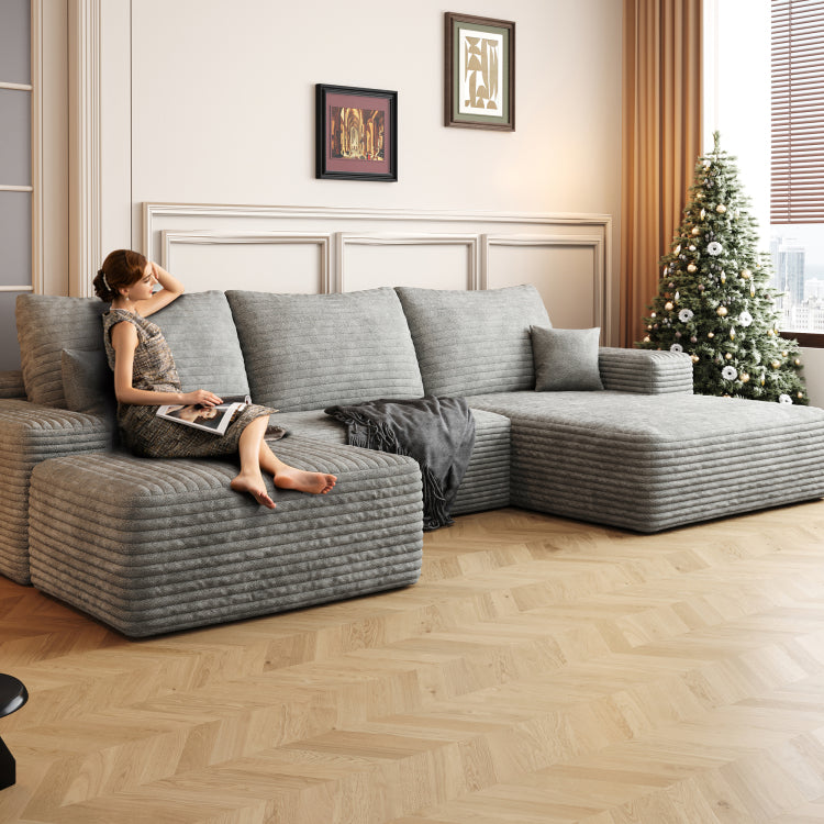 107" Cloud Sectional Sofa With 1 Ottoman,Modern Minimalist Upholstered Couches, Comfort U Shaped Sofa For Living Room,Deep Seat Corner Couch,No Assembly Required,Grey Plush Corduroy Fabric