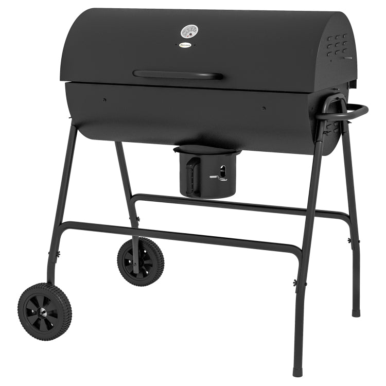 Outsunny Barrel Charcoal Bbq Grill With 420 Sq.In. Cooking Area, Outdoor Barbecue With Wheels, Ash Catcher And Built In Thermometer For Patio Picnic, Backyard Party, Black