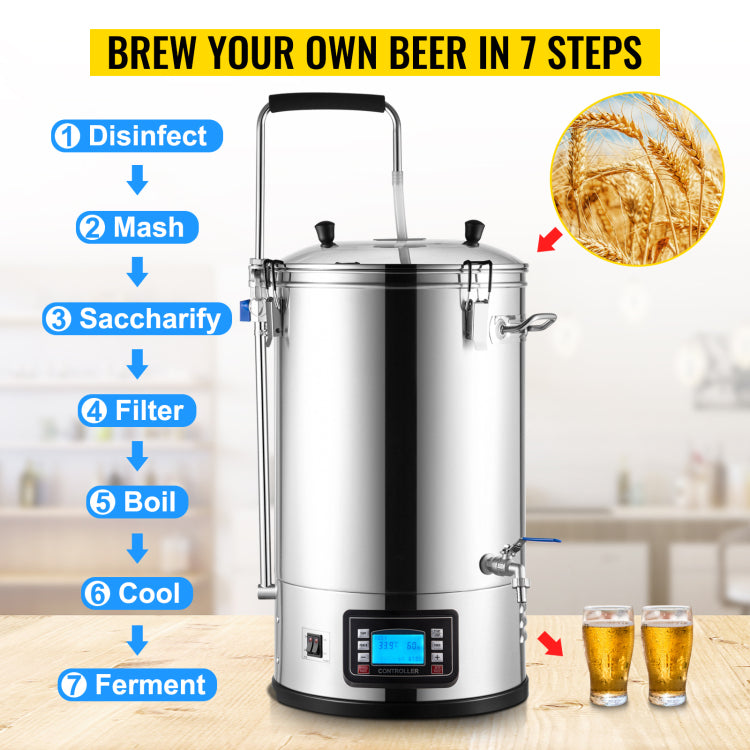 Electric Brewing System, 9.2 Gal 35 L Brewing Pot, All In One Home Beer Brewer W Pump, Mash Boil Device W Panel, Auto Manual Mode 100 1800W Power 25 100 Temp 1 180 Min Timer Recipe Memory