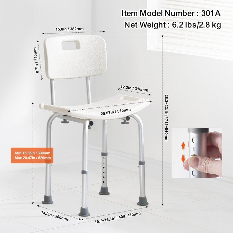 Shower Chair, Shower Seat With Back, Adjustable Height Shower Stool, Shower Chair For Inside Shower Bathtub, Non Slip Bathroom Bench Bath Chair For Elderly Disabled Handicap, 350 Lbs Capacity