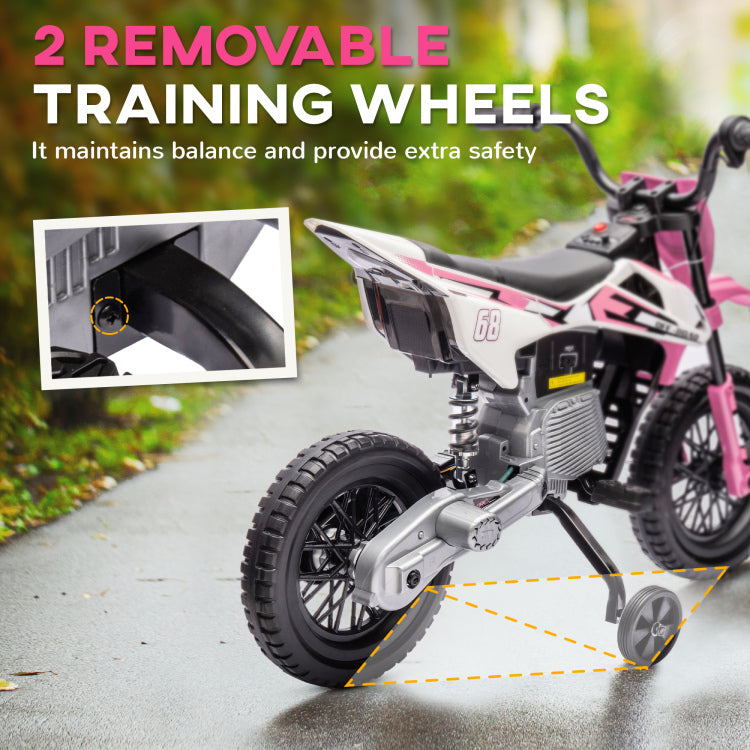 Qaba Kids Dirt Bike With Twist Grip Throttle, 12V Electric Motorcycle, Electric Bike For Toddler With Training Wheels, Rear Suspension & Music For Ages 3 6 Years, Pink