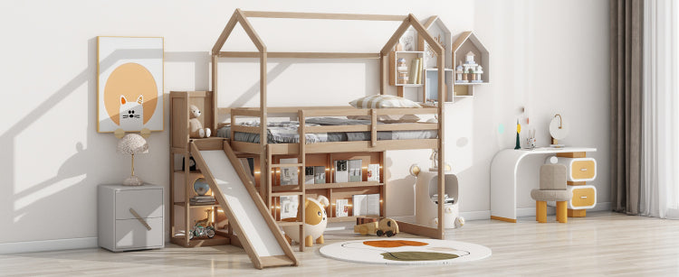 Twin Size Wood House Loft Bed With Slide, Storage Shelves And Light, Climbing Ramp, Wood Color